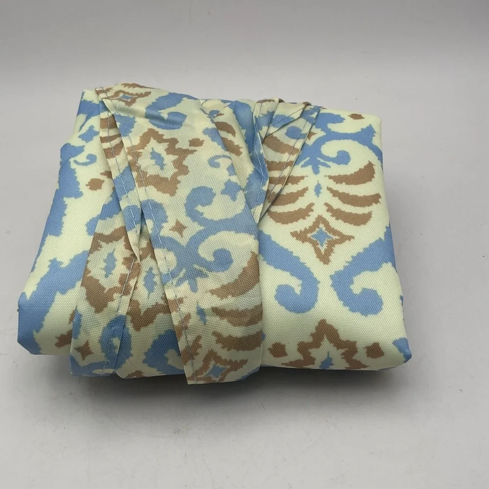 SACHI Insulated Foldable Market Tote Bag w/Matching Zip Pouch Blue Tan Damask